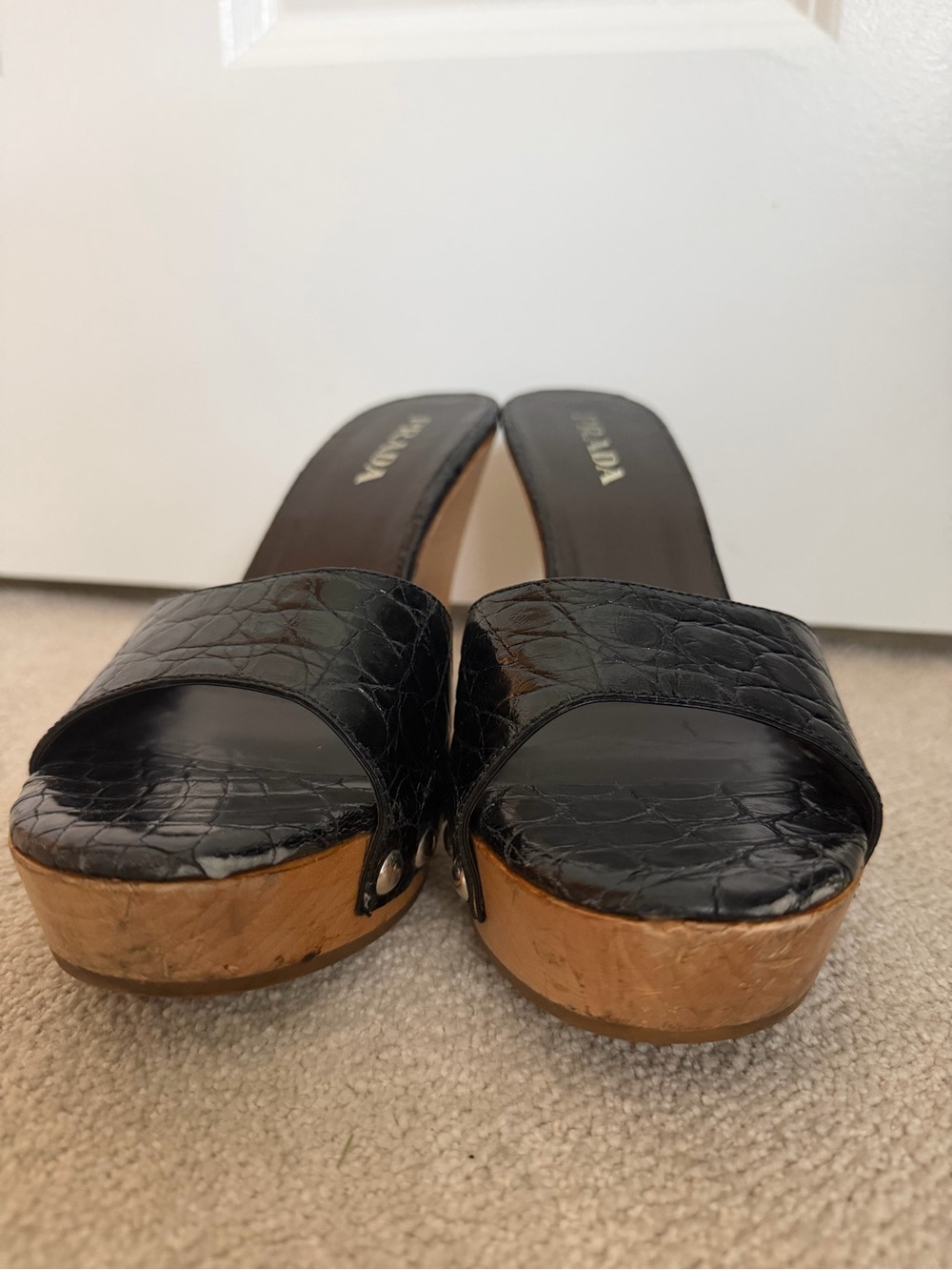 Prada Black Leather Wedge Sandals with Wooden Heel - Picture 2 of 5